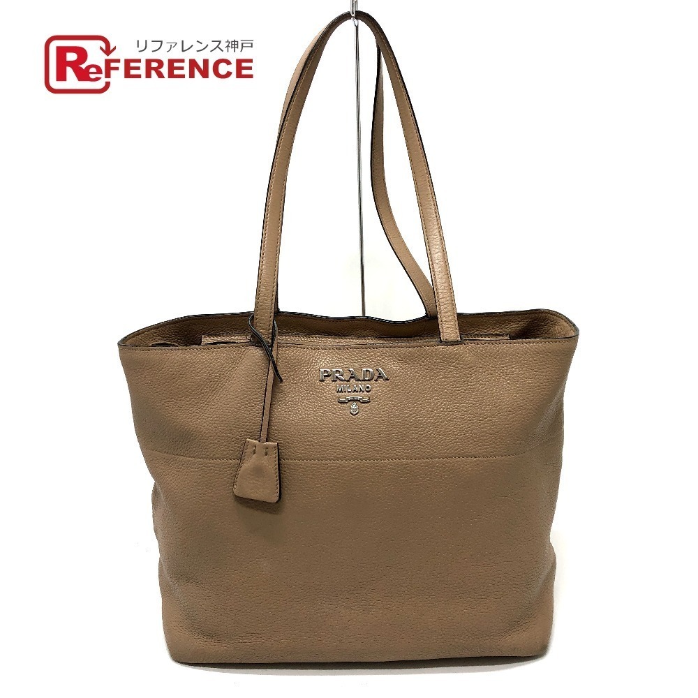 PRADA Logo Bag Tote Leather Beige